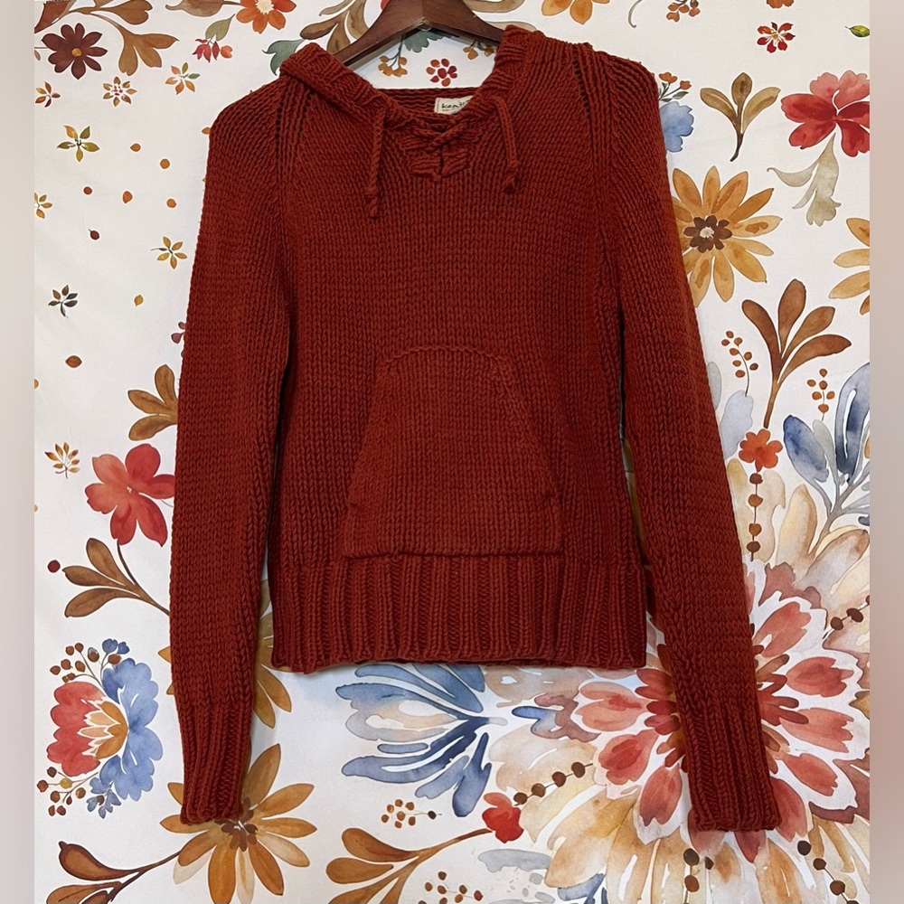 Kenji Women’s M Burnt Dark Orange Chunky Knit Hooded Sweater School Fall Witchy